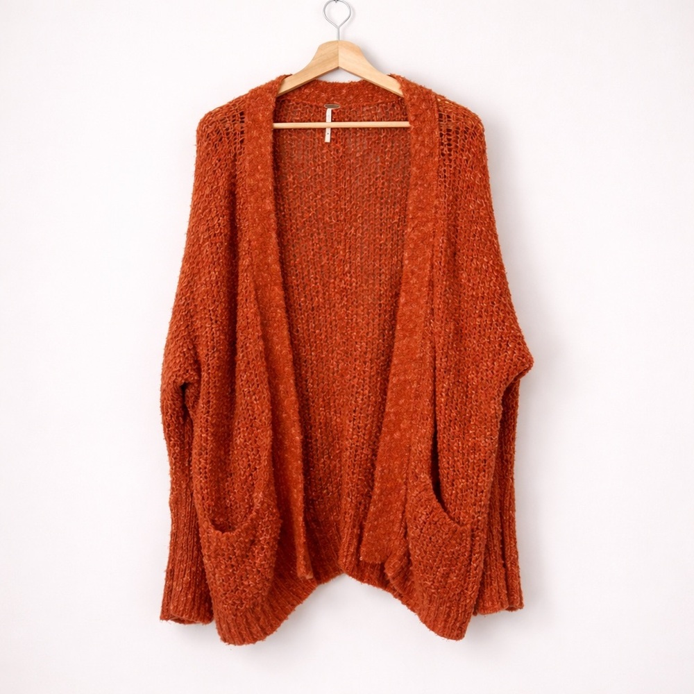 Free People Oh La La Cardigan Burnt Orange Open Knit Oversized L - Picture 5 of 15